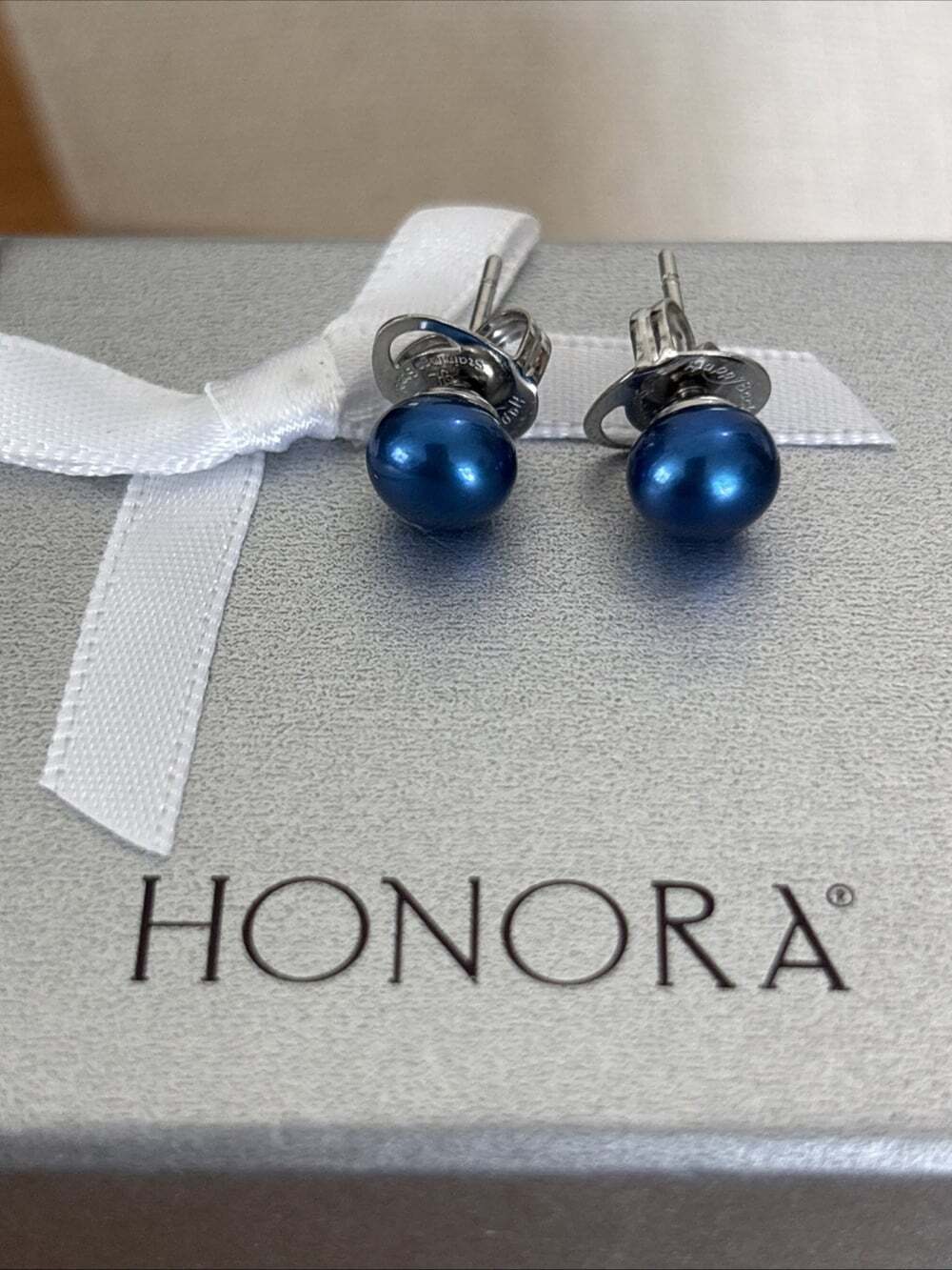 Honora 7.4mm Blue Pearl Stud Earrings Bold Semi Round Button Stainless Steel